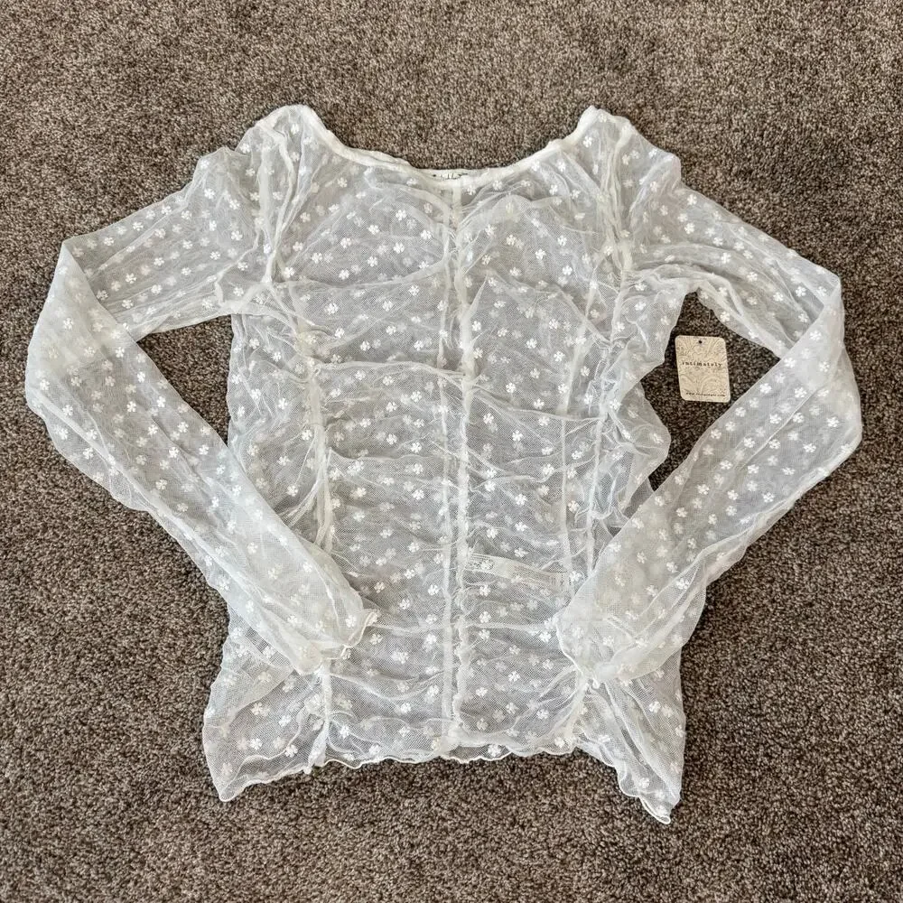 Free People Most Likely Layering Top NWT Size Small Daisy Mesh Sheer Long Sleeve